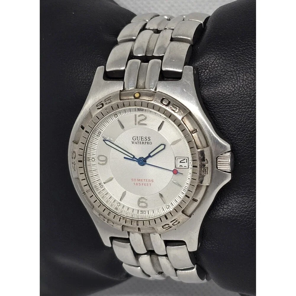 Men's Guess Waterpro Rotating Bezel Date Silver Tone Case Bracelet Watch 13